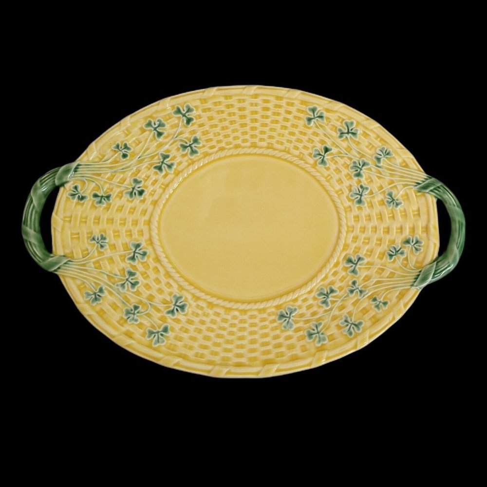 Bordallo Pinheiro Shamrock Basketweave Pattern Oval Handled Platter 14” Portugal